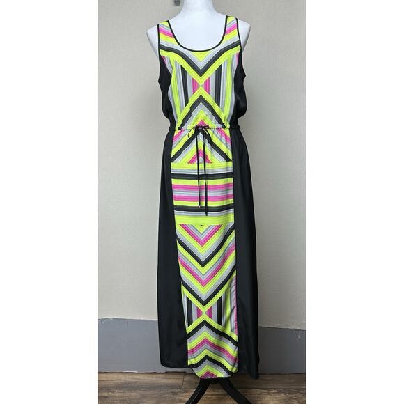 Michael Kors Maxi Black W/ Neon Geometric Design Drawstrings Stunning Dress Sz 8 - Picture 1 of 16